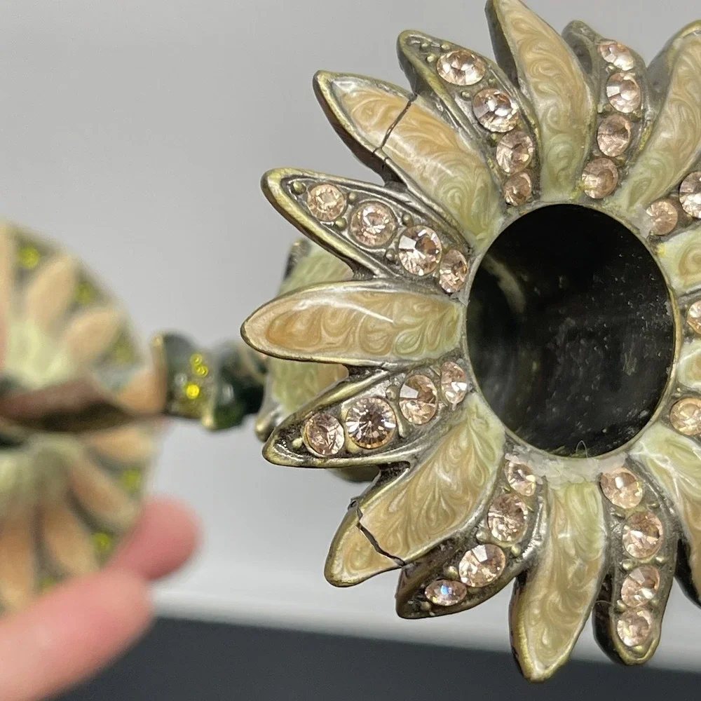Vintage Enamel Solid Metal Candle Holder Candlestick Art Nouveau‎ Floral Jeweled